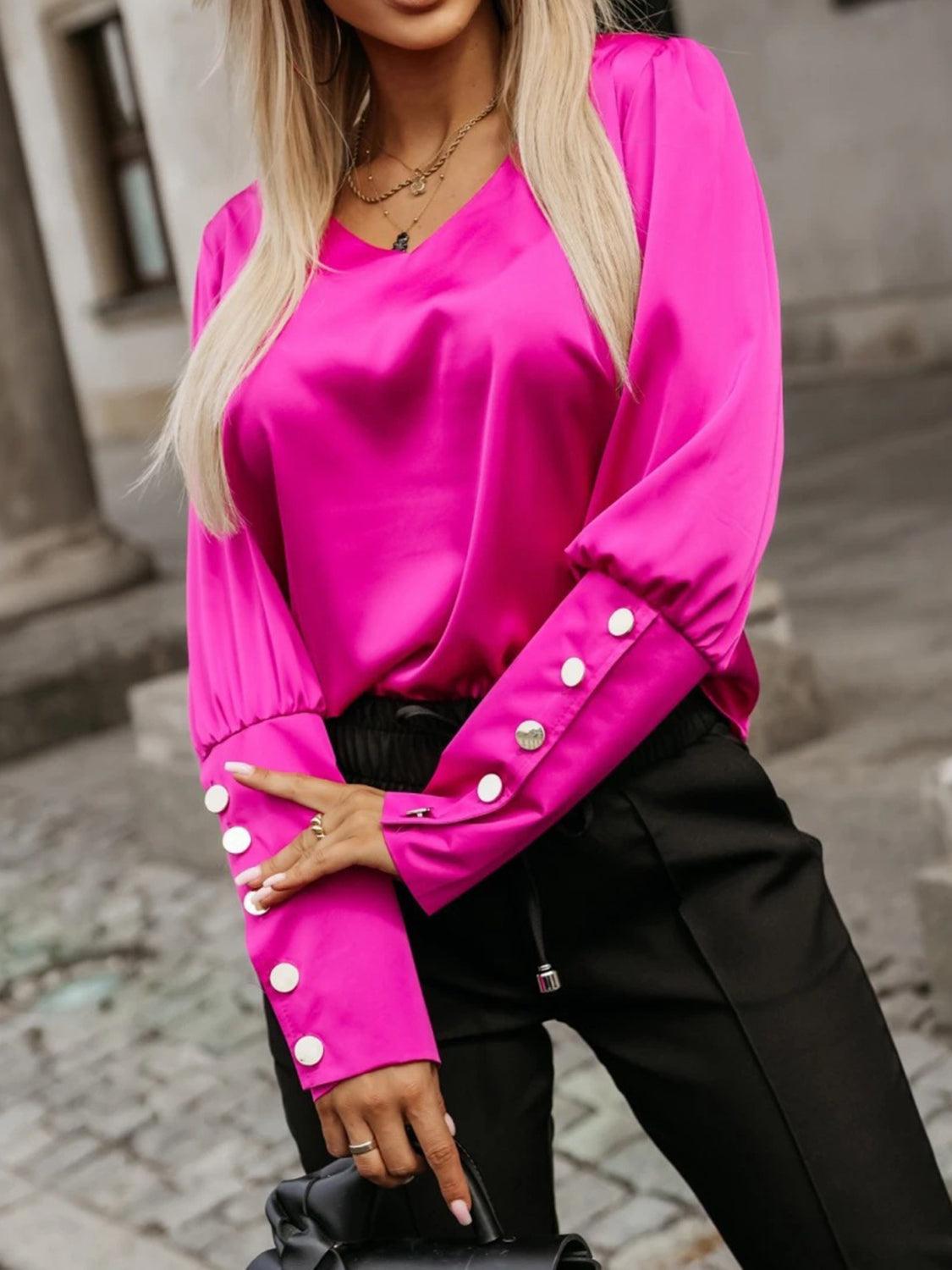 V-Neck Long Sleeve Blouse Hot Pink