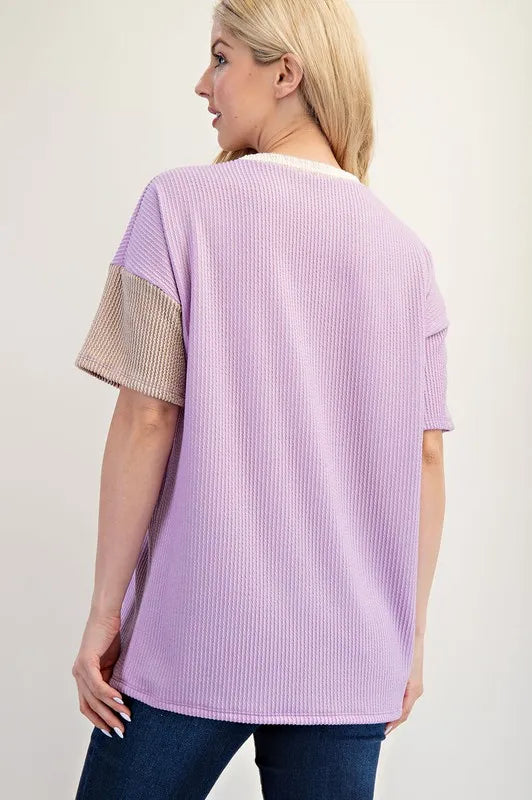Celeste Full Size Rib Contrast Short Sleeve T-Shirt Plus SIze