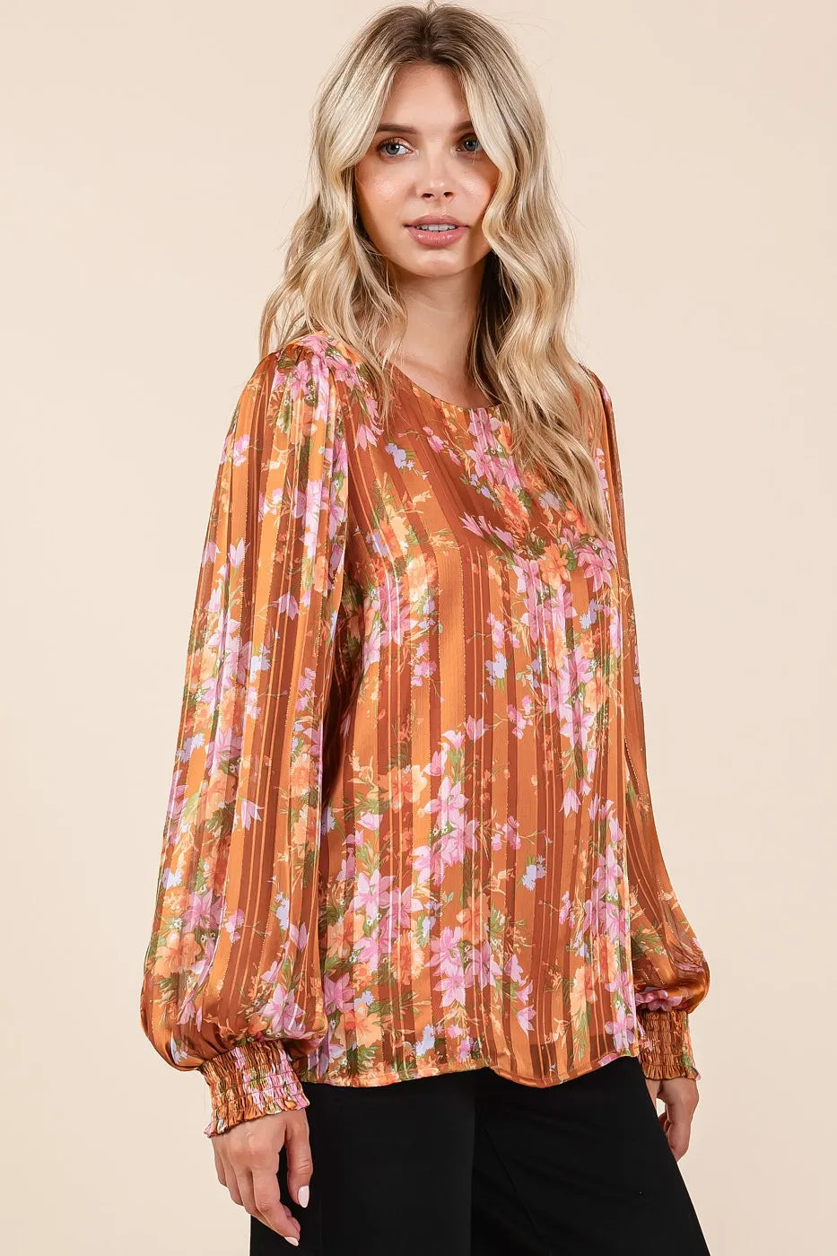 Mittoshop Satin Gold Lurex Striped Long Sleeve Chiffon Top