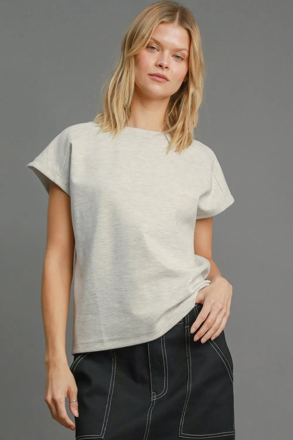Umgee Full Size Rib Knit Round Neck Short Sleeve T Shirt Plus Size Light Gray