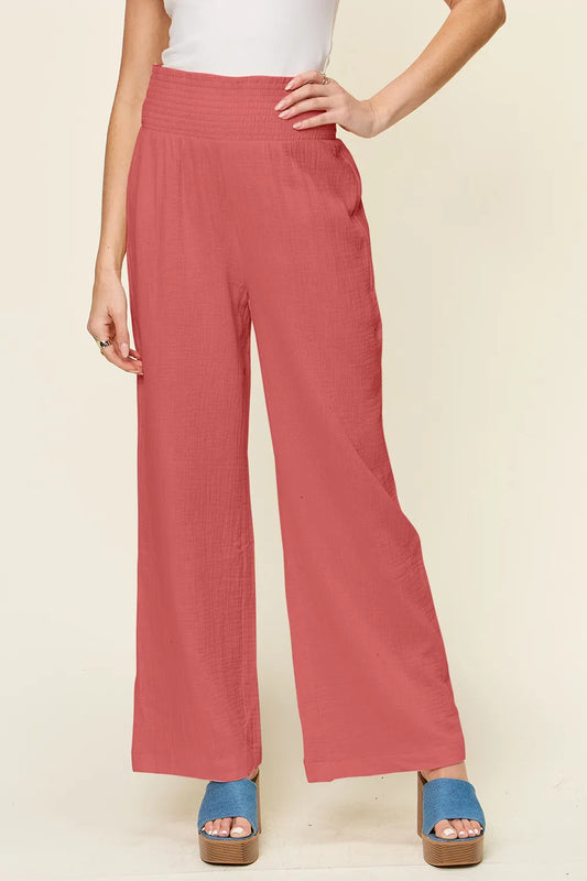 Double Take Full Size Texture Smocked Waist Wide Leg Pants Hot Pink