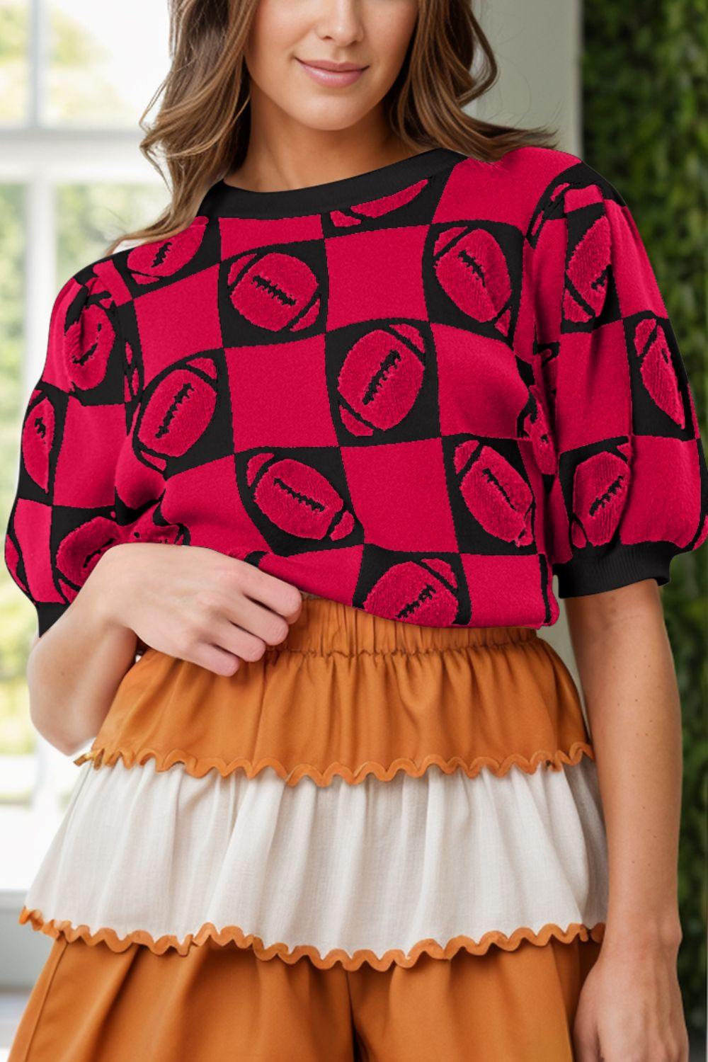 Football Round Neck Short Sleeve Sweater Deep Red