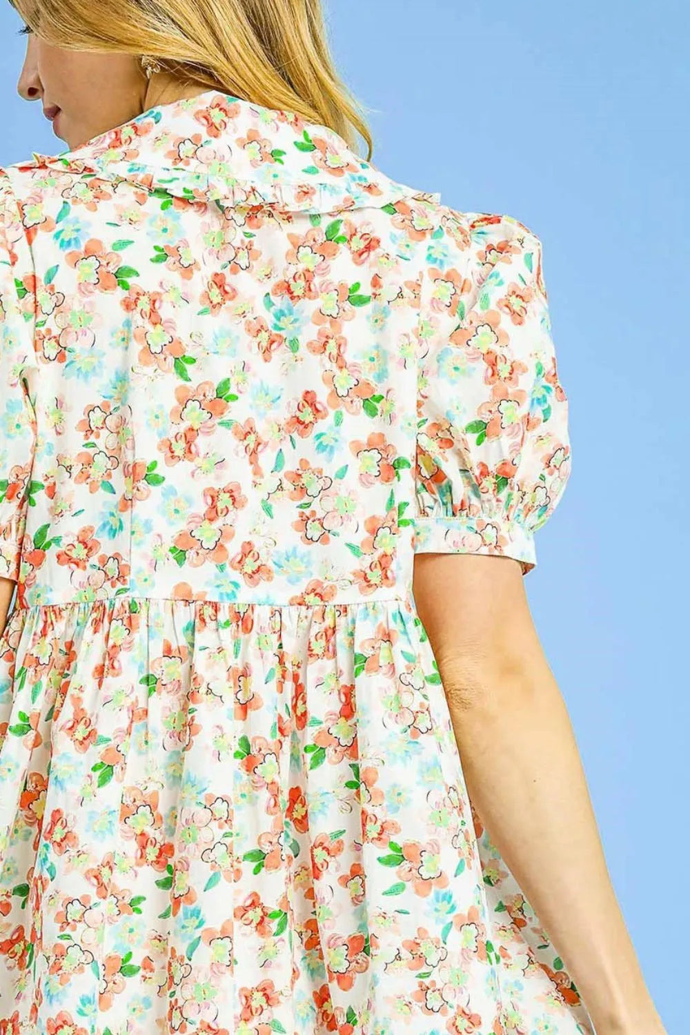 Umgee Floral Print Puff Sleeve Tie Front Mini Dress