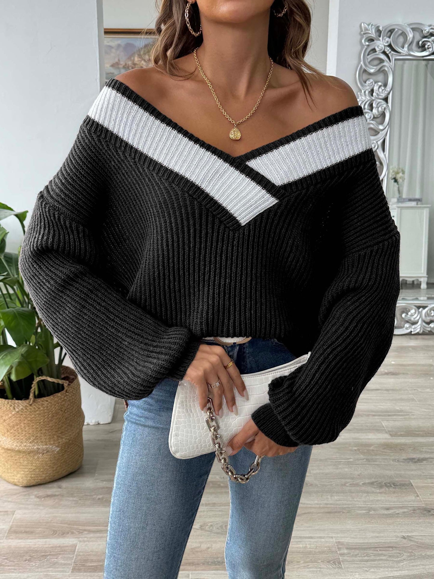 Contrast Dropped Shoulder Long Sleeve Sweater Black