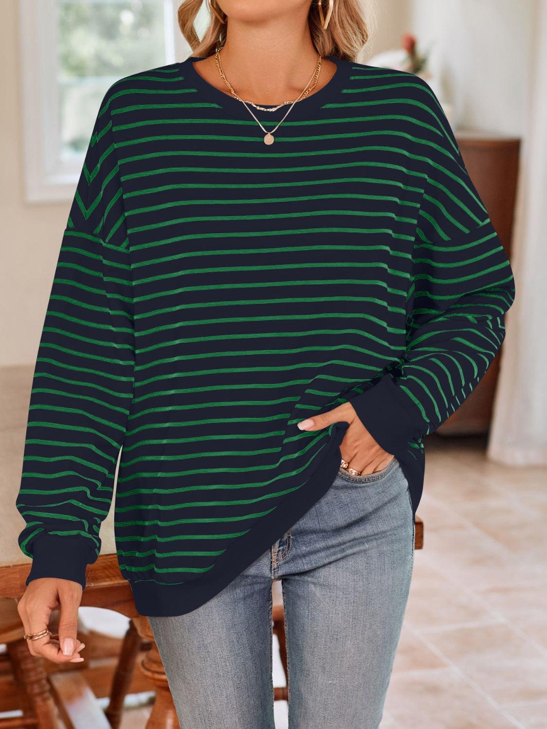Lovelet Striped Round Neck Long Sleeve Sweatshirt Dark Green