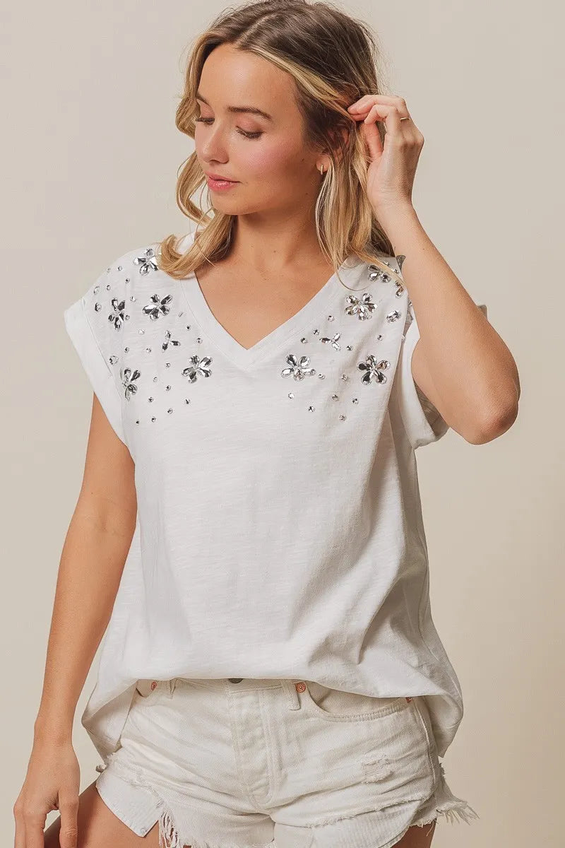 BiBi Slub Jersey Rhinestone V Neck Top