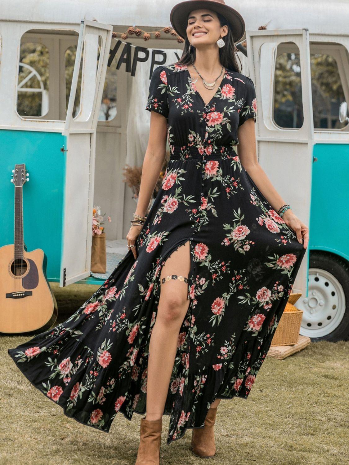 Split Printed V-Neck Short Sleeve Dress Black