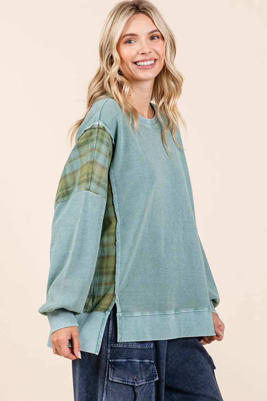 Mittoshop Plaid Panel Mineral Wash French Terry Sweatshirt