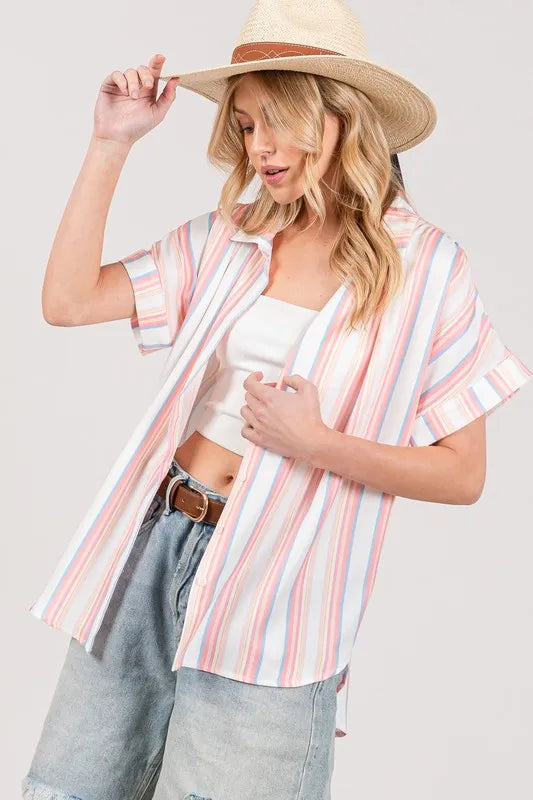 SAGE+FIG Full Size Multi Stripe Button Down Short Sleeve Shirt Plus Size