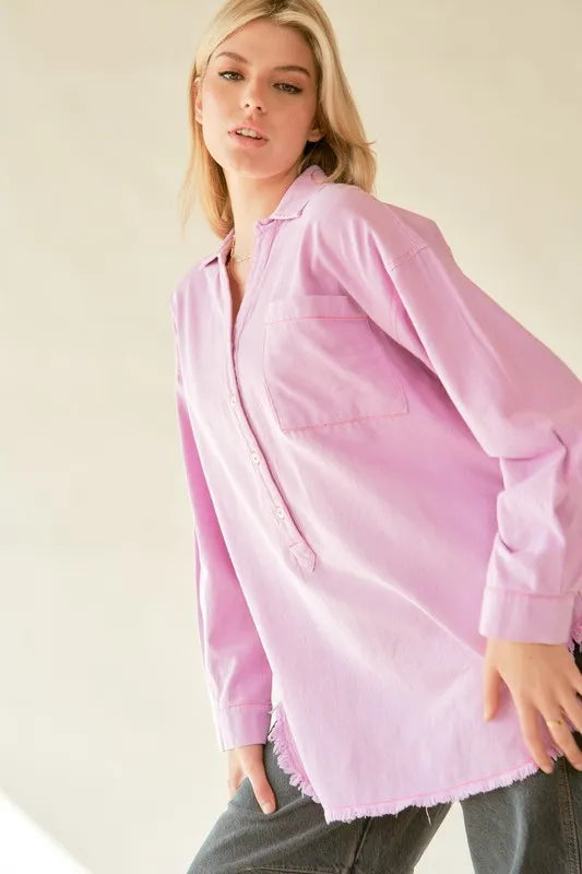 Davi & Dani Letter Back Raw Hem Half Button Shirt