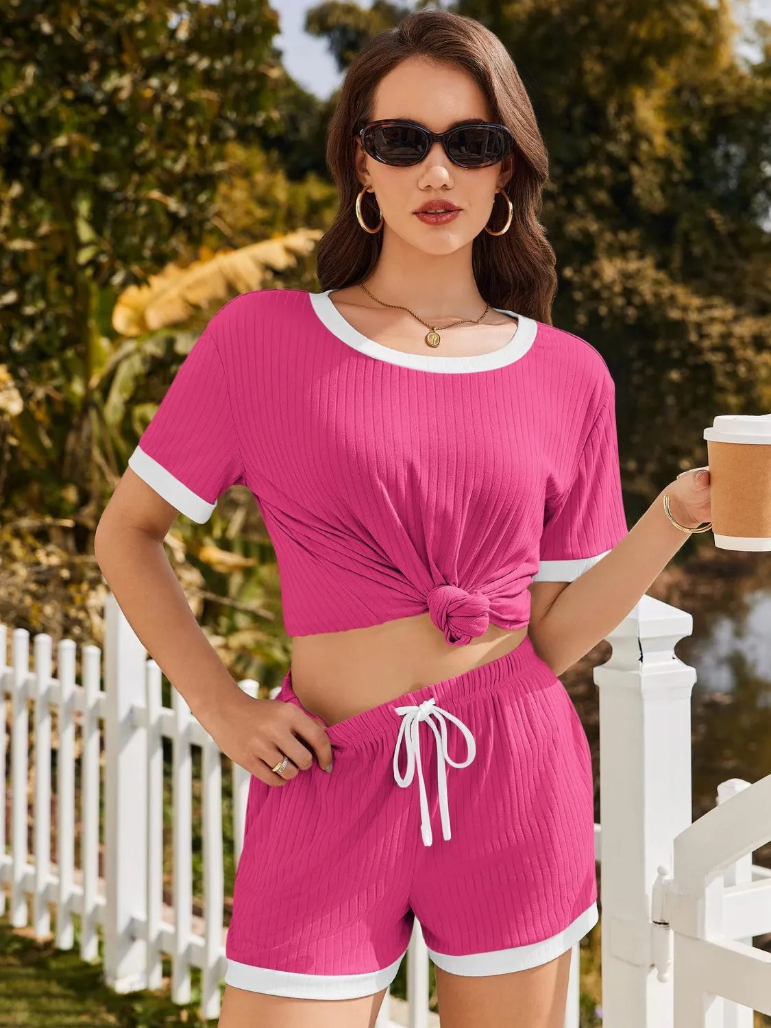Ribbed Round Neck Top and Shorts Set