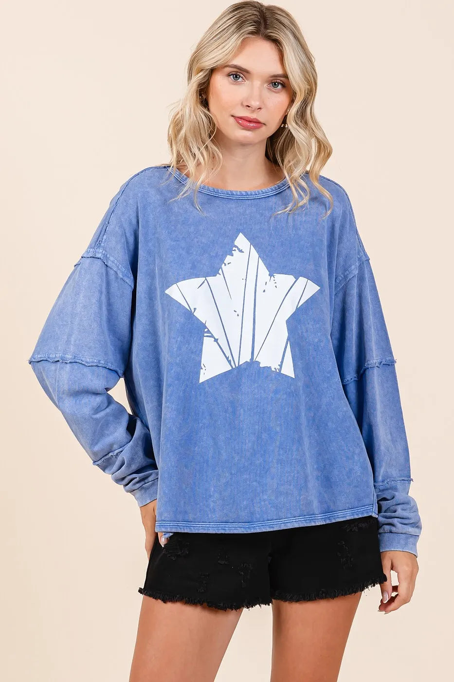 Mittoshop Star Graphic Mineral Wash Long Sleeve Top FRENCH BLUE