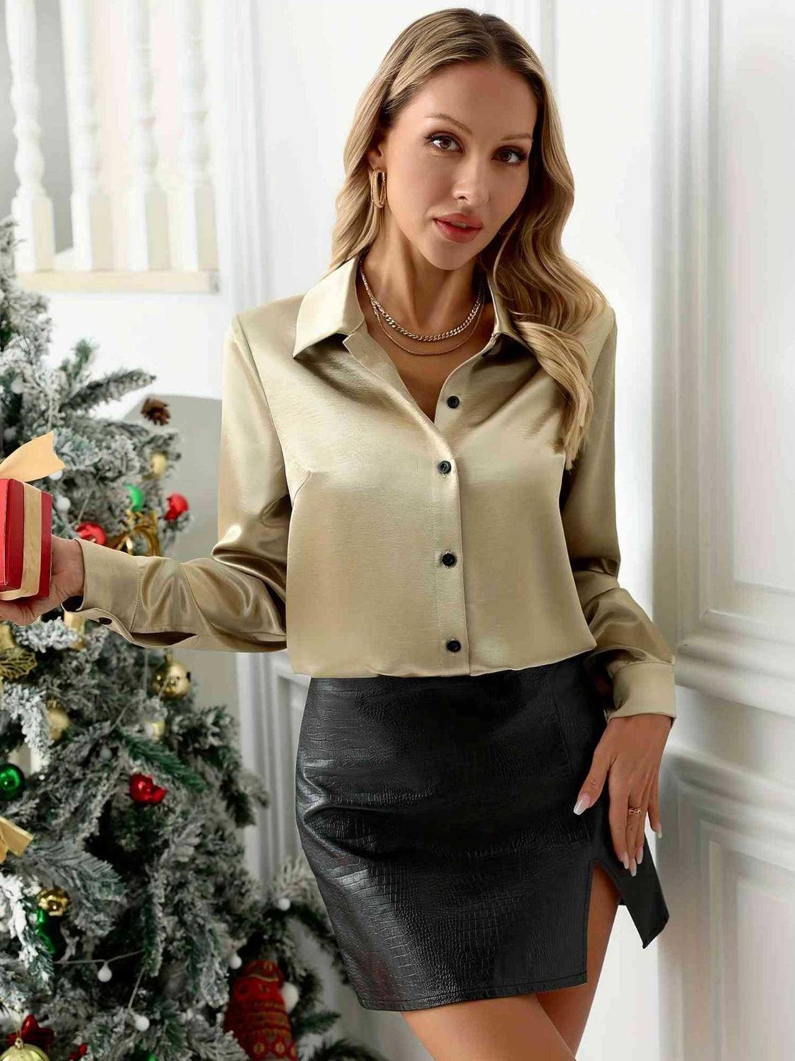 Collared Neck Button Down Long Sleeve Shirt Gold