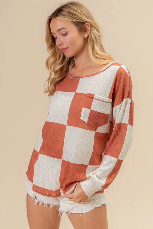 BiBi Checker Printed Hacci Top With Front Pocket
