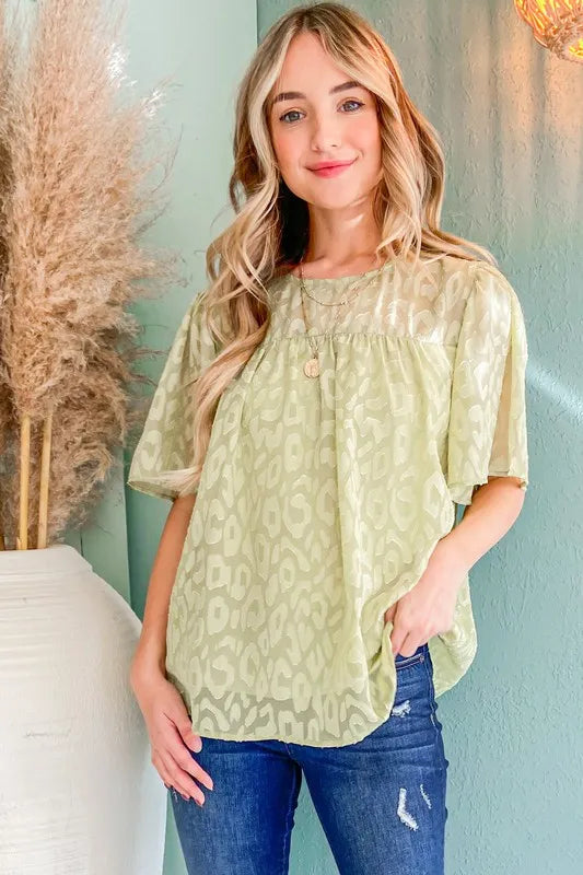 And The Why Woven Leopard Pattern Baby Doll Blouse LT.GREEN
