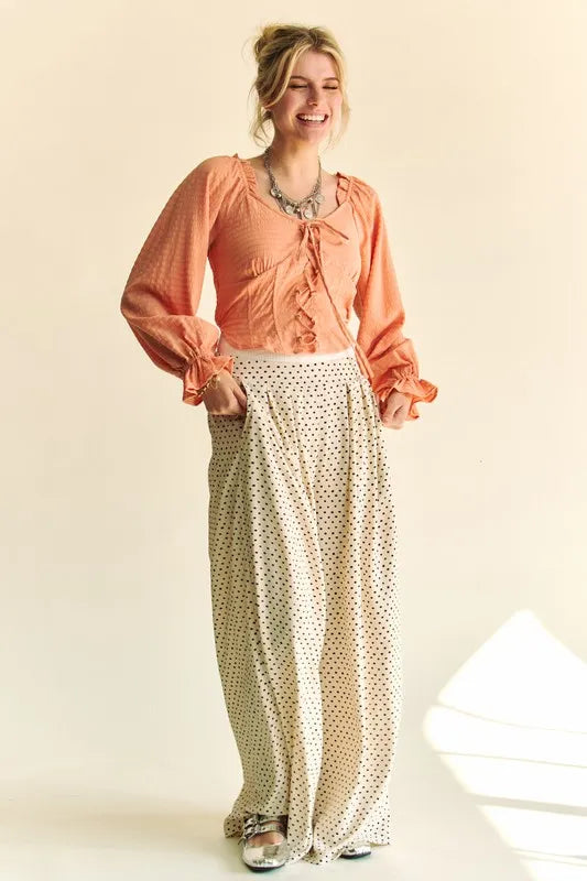 Davi & Dani Strap Front Corset Look Long Puff Sleeve Blouse