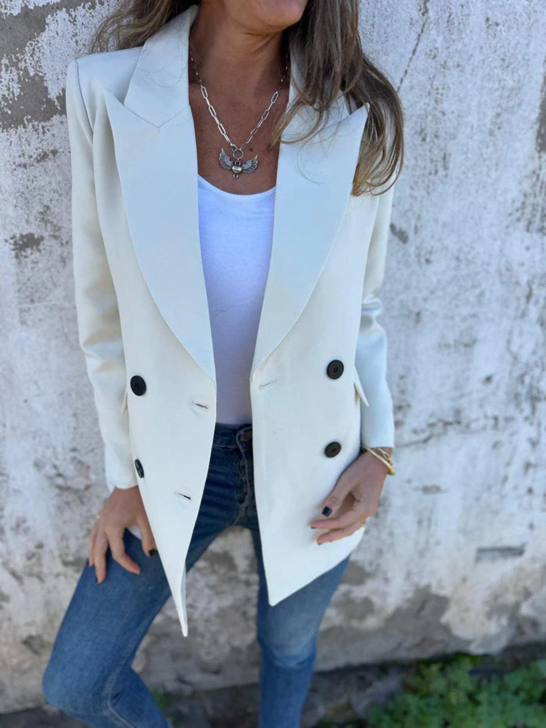 Full Size Collared Neck Long Sleeve Blazer Ivory