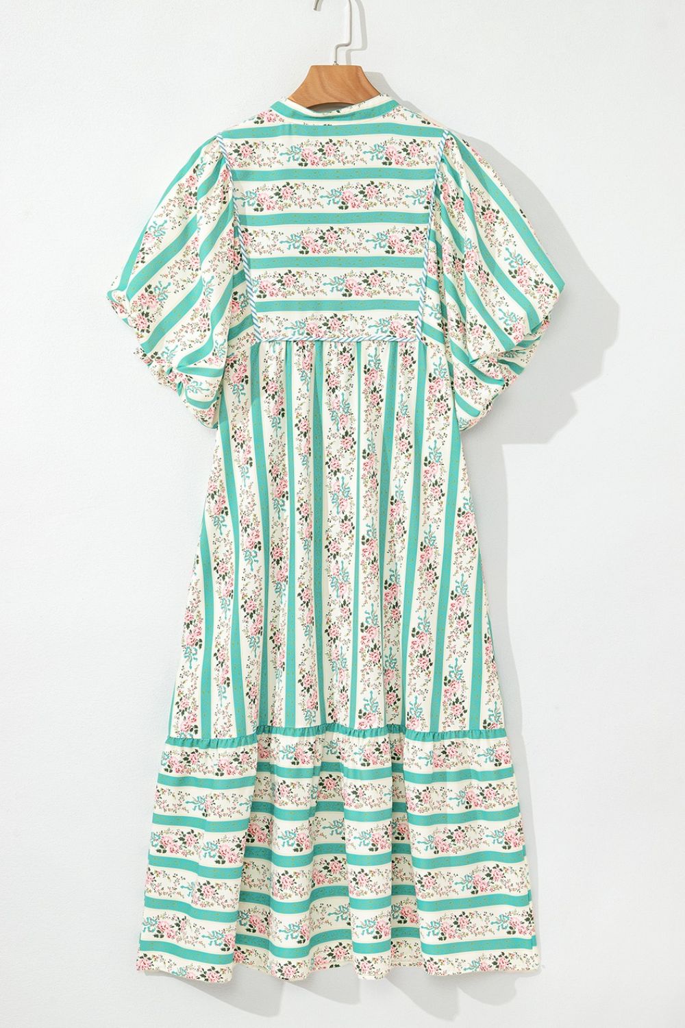 Striped Floral Print Tie Neck Puff Sleeve Midi Dress