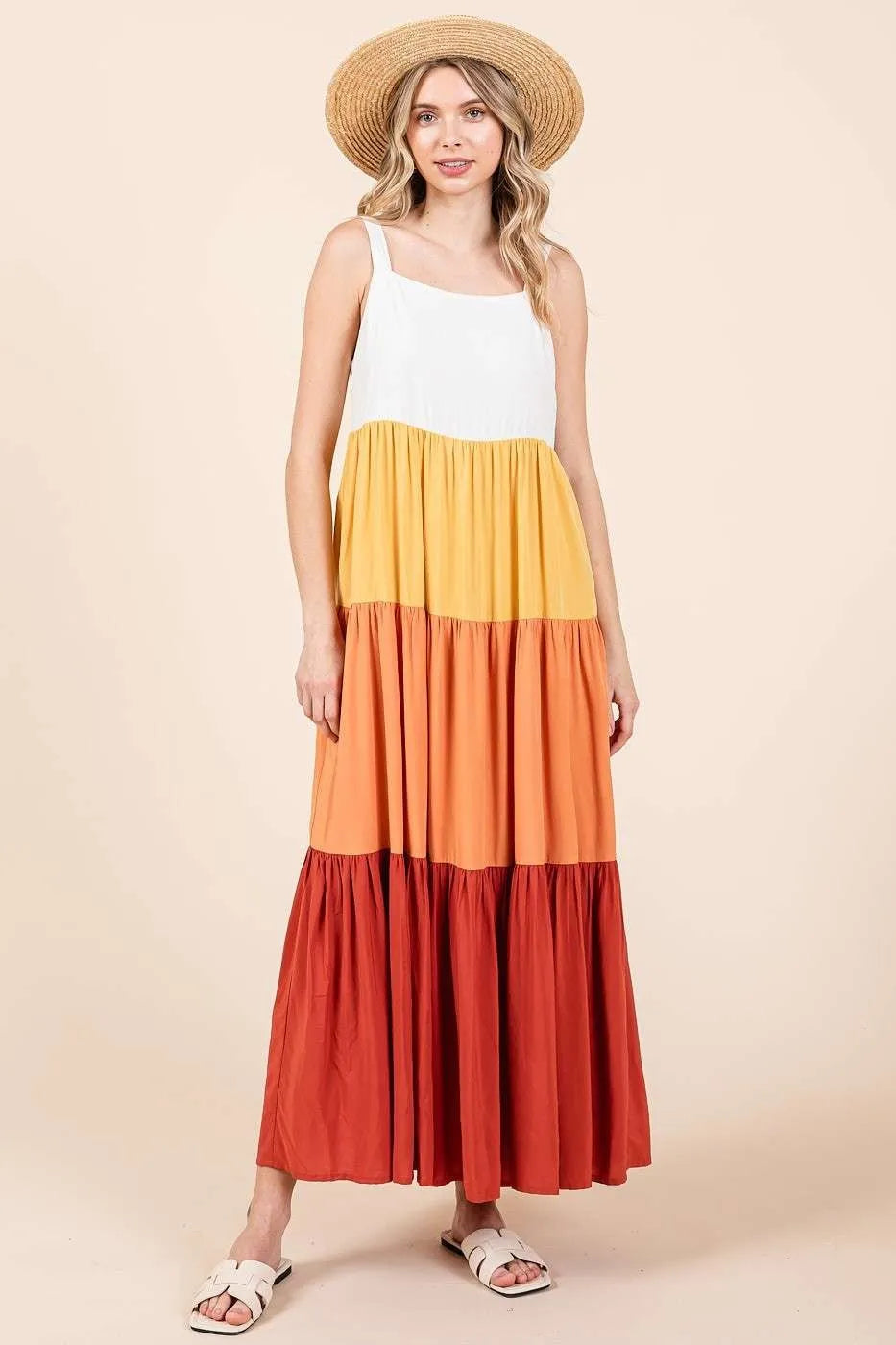 Mittoshop Color Block Tiered Pull-On Maxi Dress APRICOT MULTI