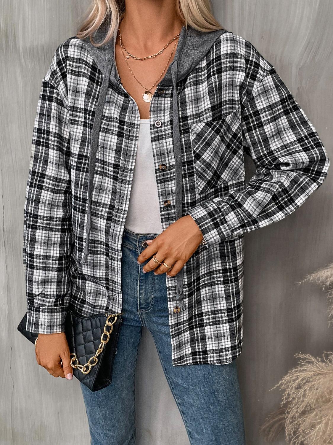 Plaid Long Sleeve Hooded Jacket Black