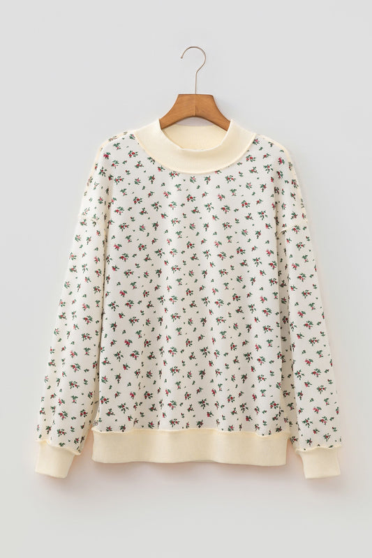 Floral Ribbed High Neck Exposed Hem Baggy Sweatshirt