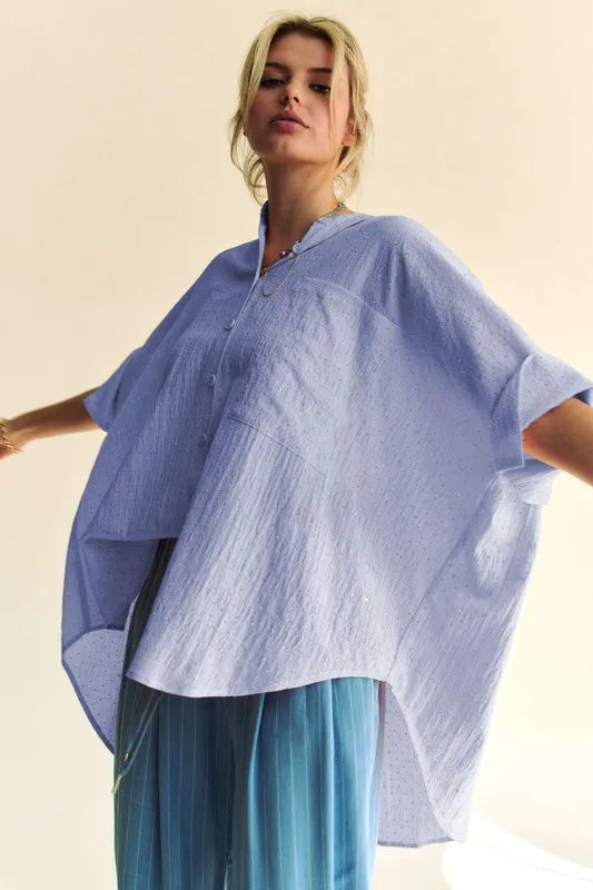 Davi & Dani Rhinestone Pleat Back Short Sleeve Loose Fit Shirt