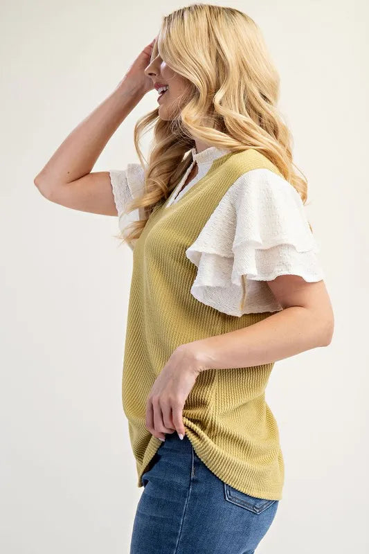 Celeste Full Size Solid Color Top with Ruffle Layered Sleeves Plus Size