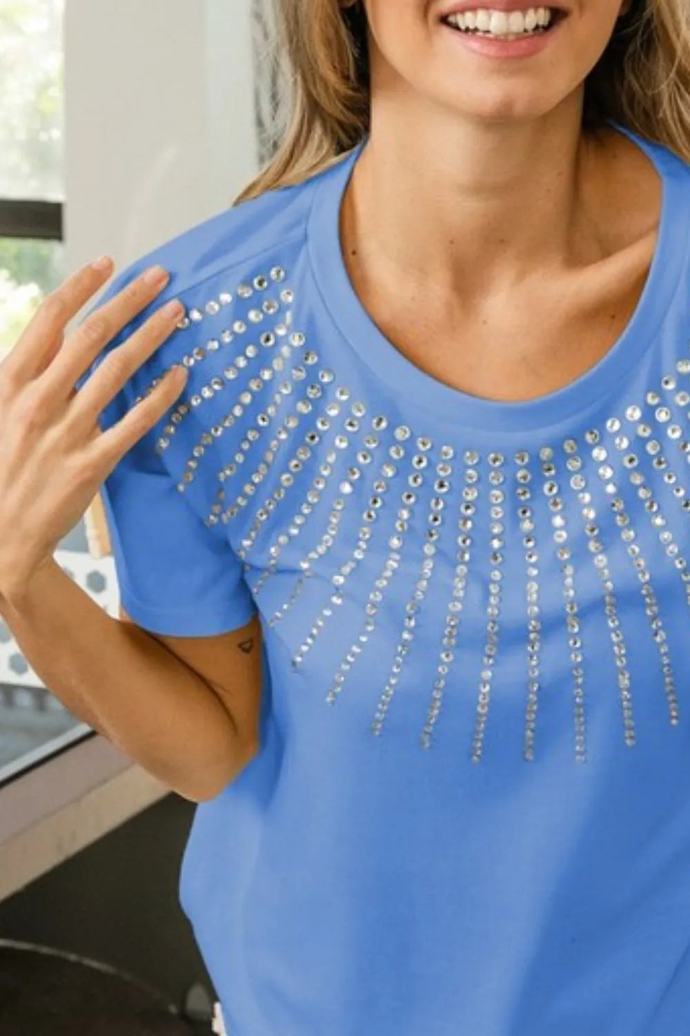 BiBi Rhinestone Beaded Short Sleeve Top
