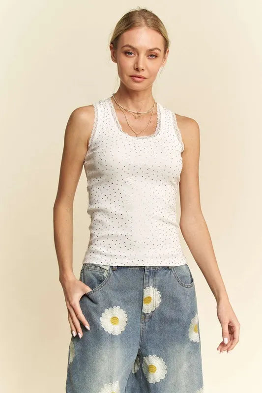 Davi & Dani Rhinestone Lace Trim Detail Tank