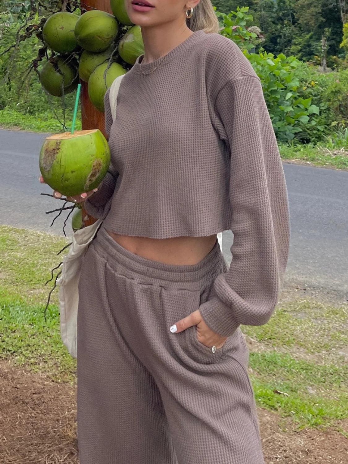 Waffle-Knit Round Neck Top and Pants Set Mocha