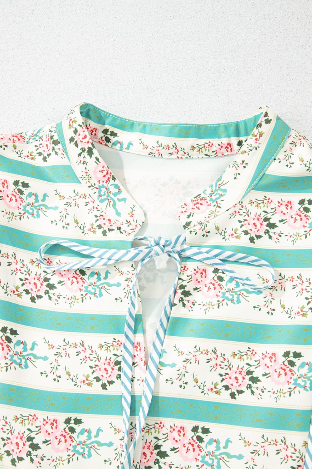 Striped Floral Print Tie Neck Puff Sleeve Midi Dress