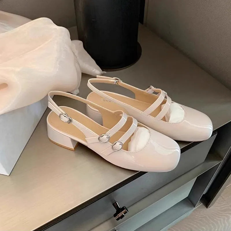 Square Toe Block Heel Mary Jane Shoes Beige