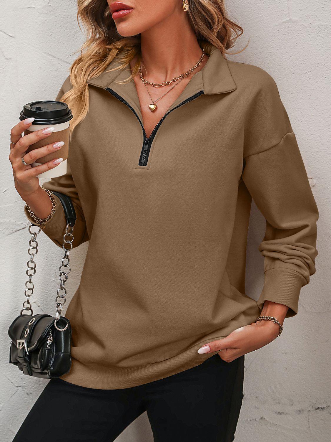 Mandy Zip-Up Dropped Shoulder Sweatshirt Camel