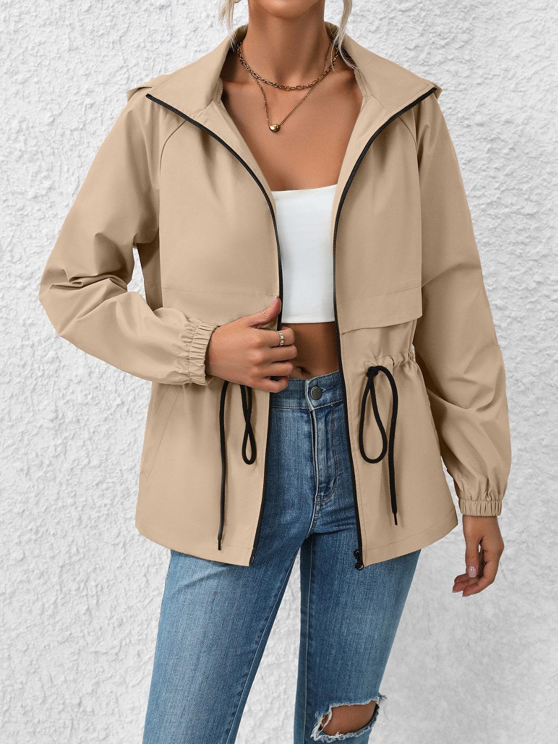 Ivy Lane Drawstring Zip Up Hooded Jacket Khaki