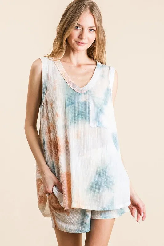 BiBi Tie Dye Textured Knit Top and Shorts Set