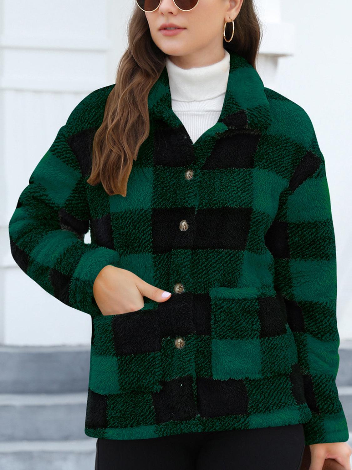 Button Up Drop Shoulder Fuzzy Jacket Dark Green