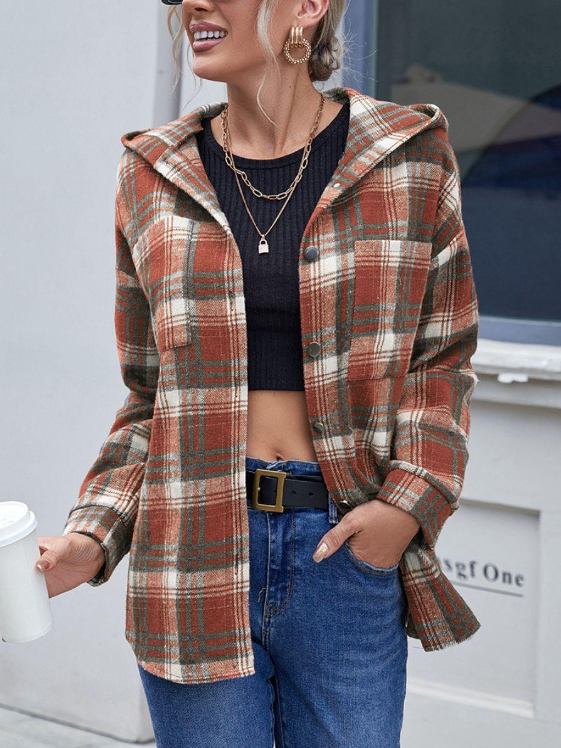Ivy Lane Plaid Button Up Long Sleeve Hooded Jacket Brown