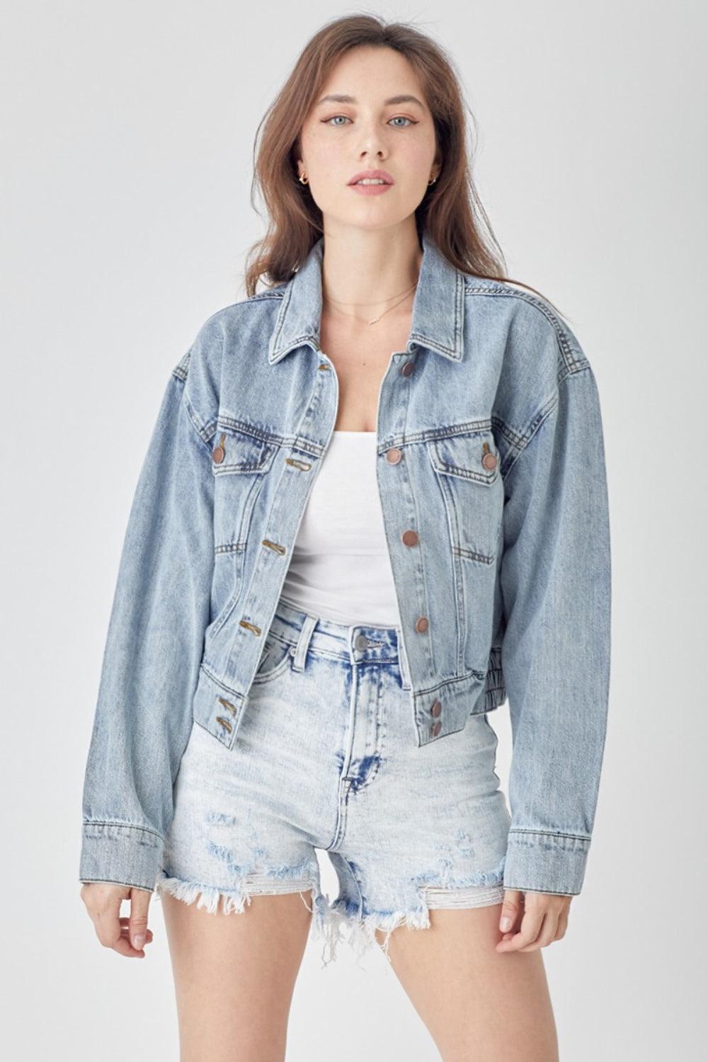 RISEN Full Size Button Down Cropped Denim Jacket Light
