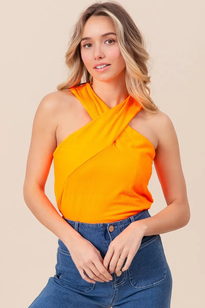 BiBi Rib Knit Cross Neck Banded Top