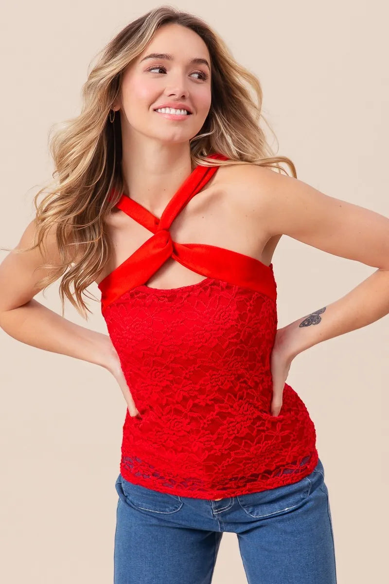BiBi Lace Knit with Cut Out And Cross Neck Banded Top