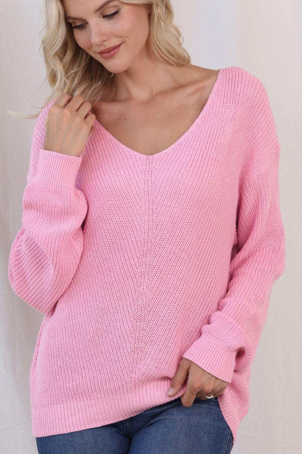 V-Neck Drop Shoulder Sweater Blush Pink