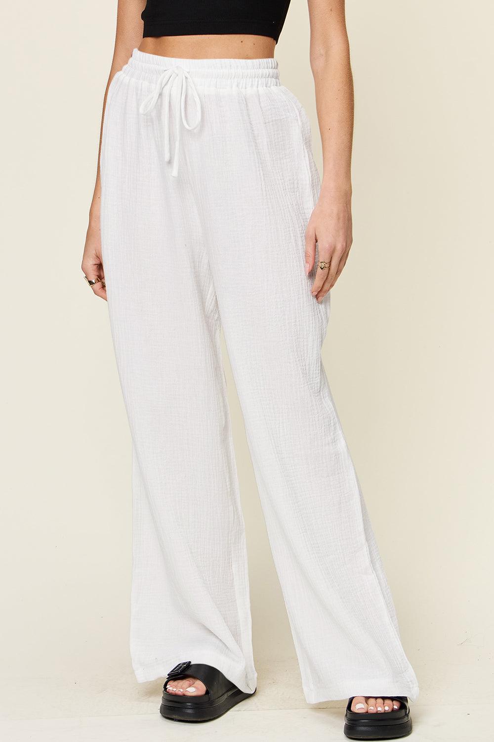 Double Take Full Size Texture Drawstring Wide Leg Pants White