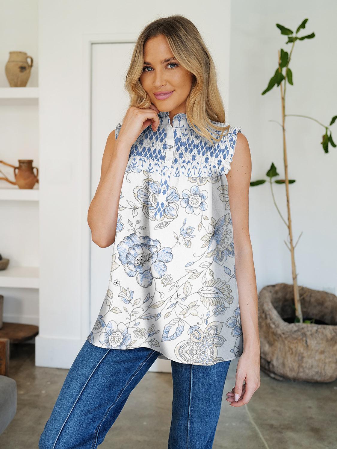 FAM-FAM Frill Printed Mock Neck Top Light Blue