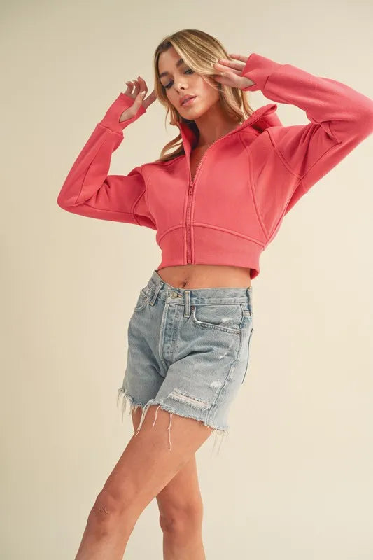 Aemi + Co Zip Up Raglan Sleeve Cropped Hoodie