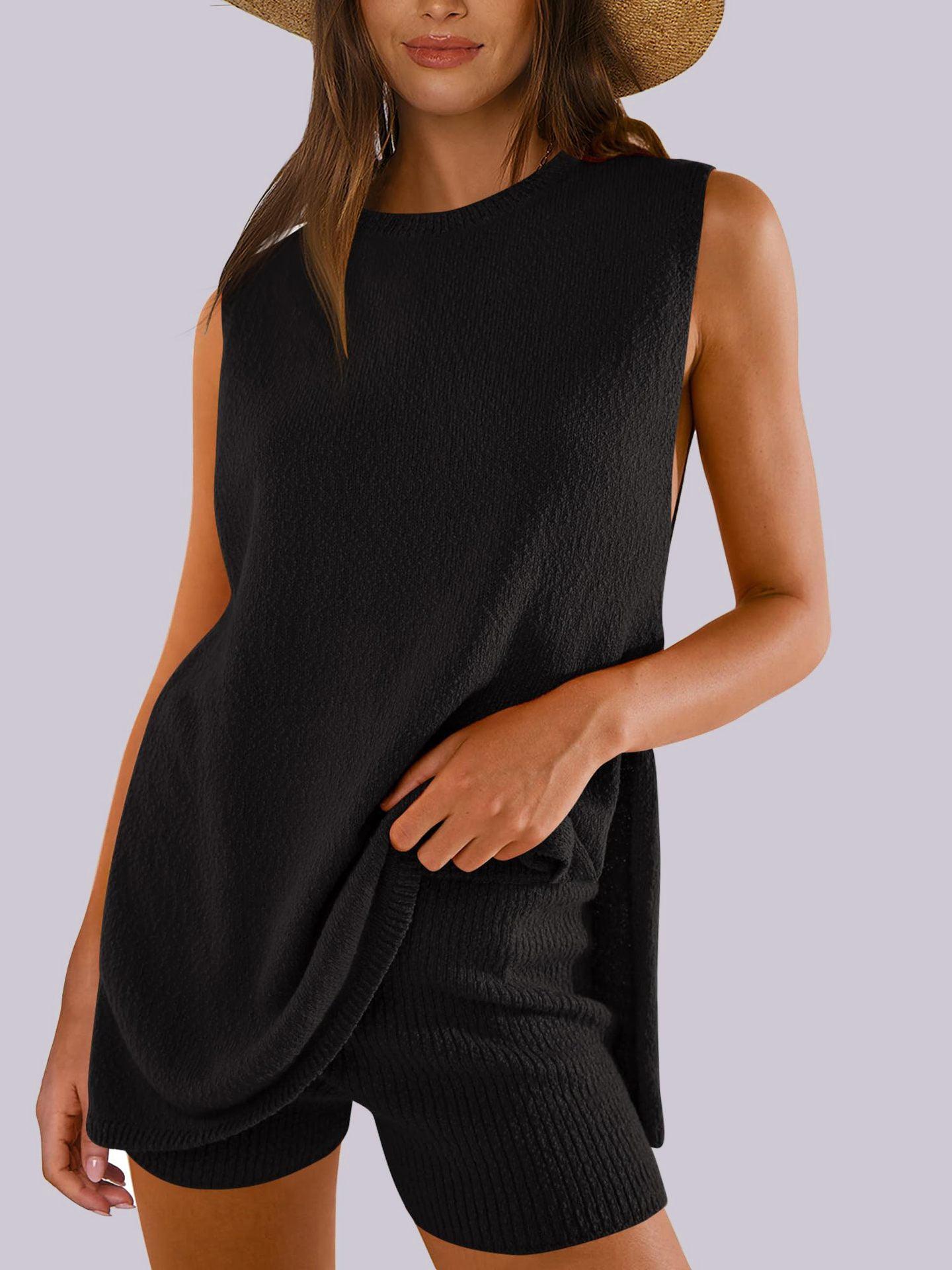 Mandy Side Slit Round Neck Tank and Shorts Sweater Set Black
