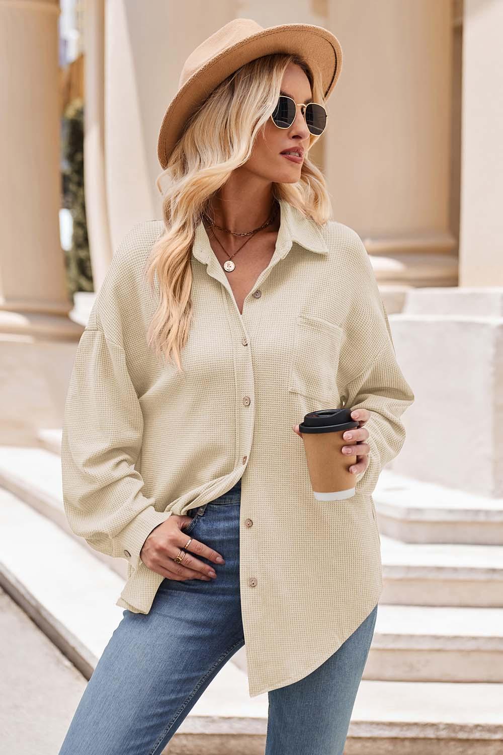Mandy Collared Neck Dropped Shoulder Shirt Beige