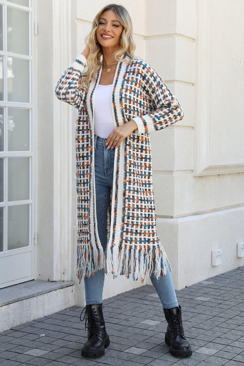 Angel Wings Full Size Multicolored Open Front Fringe Hem Cardigan Sherbet