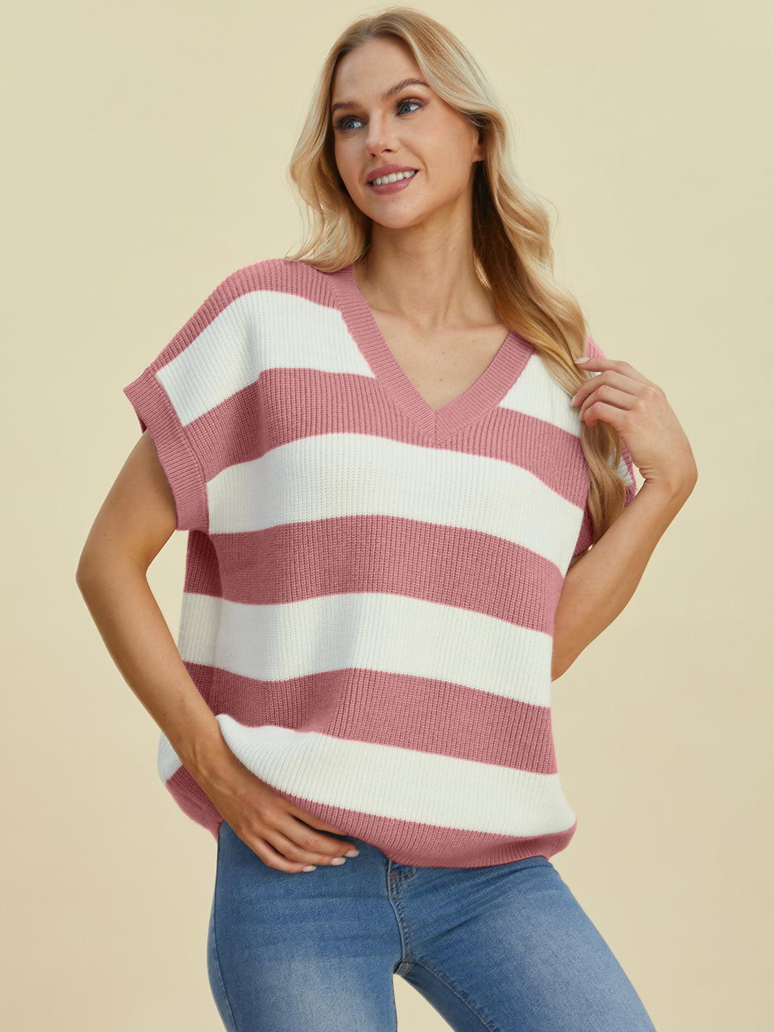 Double Take Full Size Striped V-Neck Short Sleeve Sweater Dusty Pink