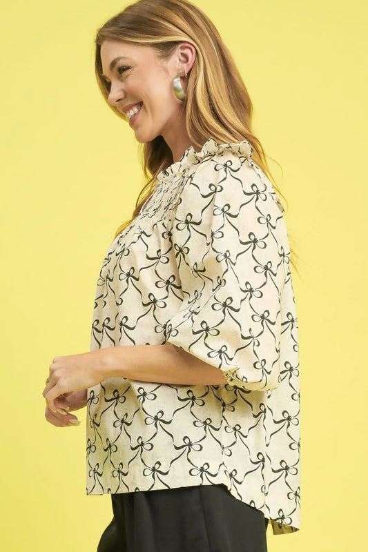 Umgee Ruffled Bow Print Notched Blouse