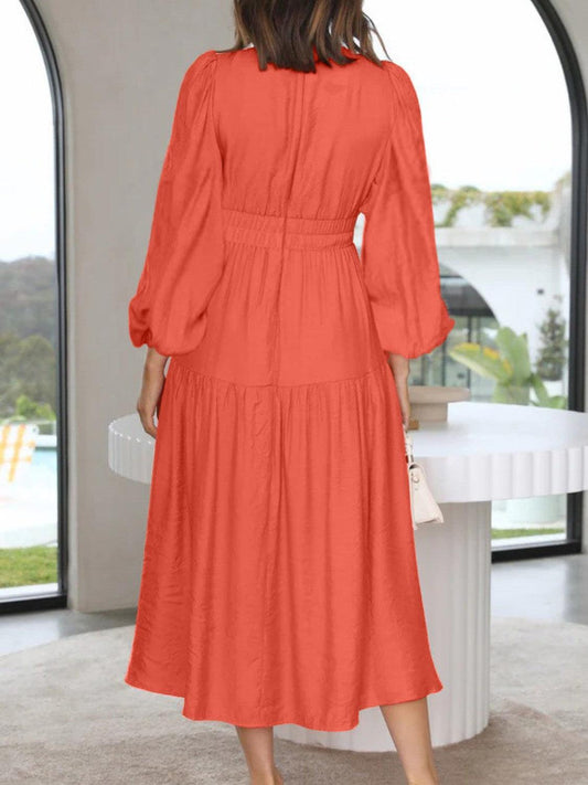 Deep V-Neck Balloon Sleeve Plain Maxi Dress for Effortless Elegance